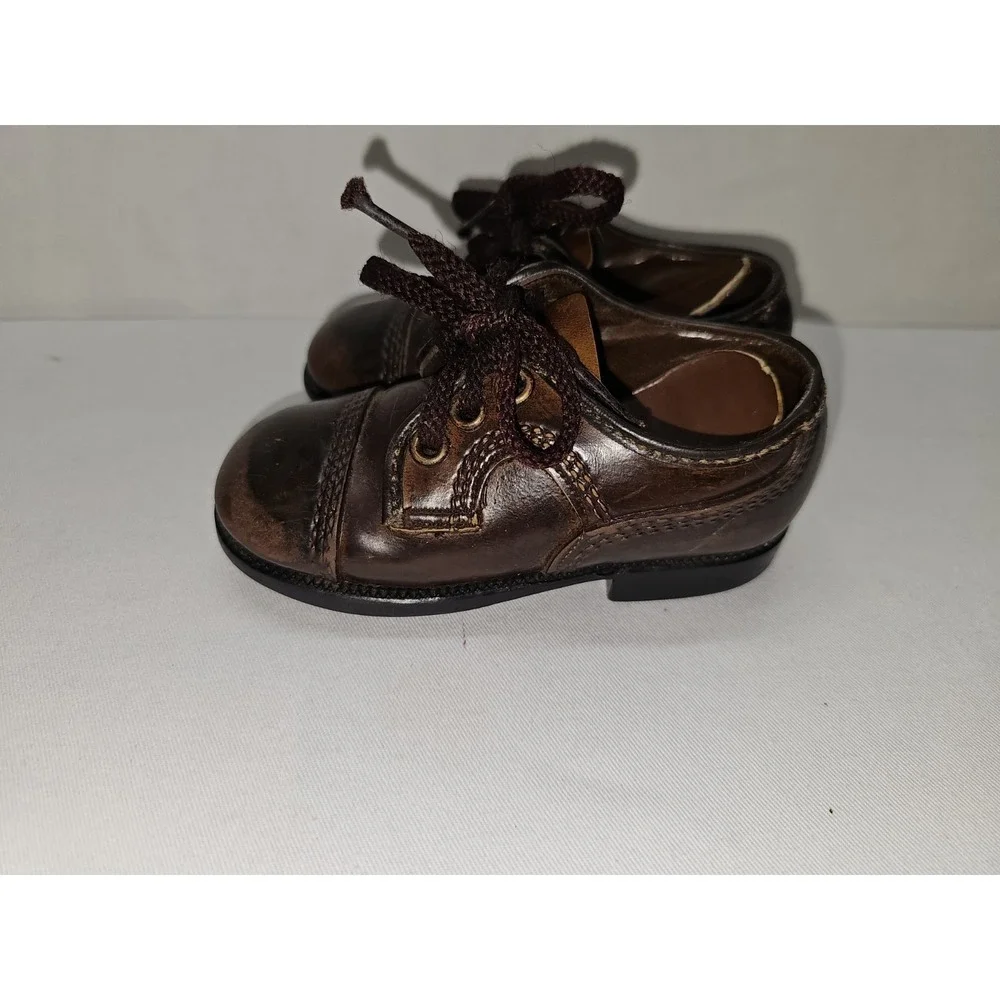 Vintage 1950s‎ Toddler Leather Shoes Brown Lace Up Oxfords Hard Sole Cap Toe